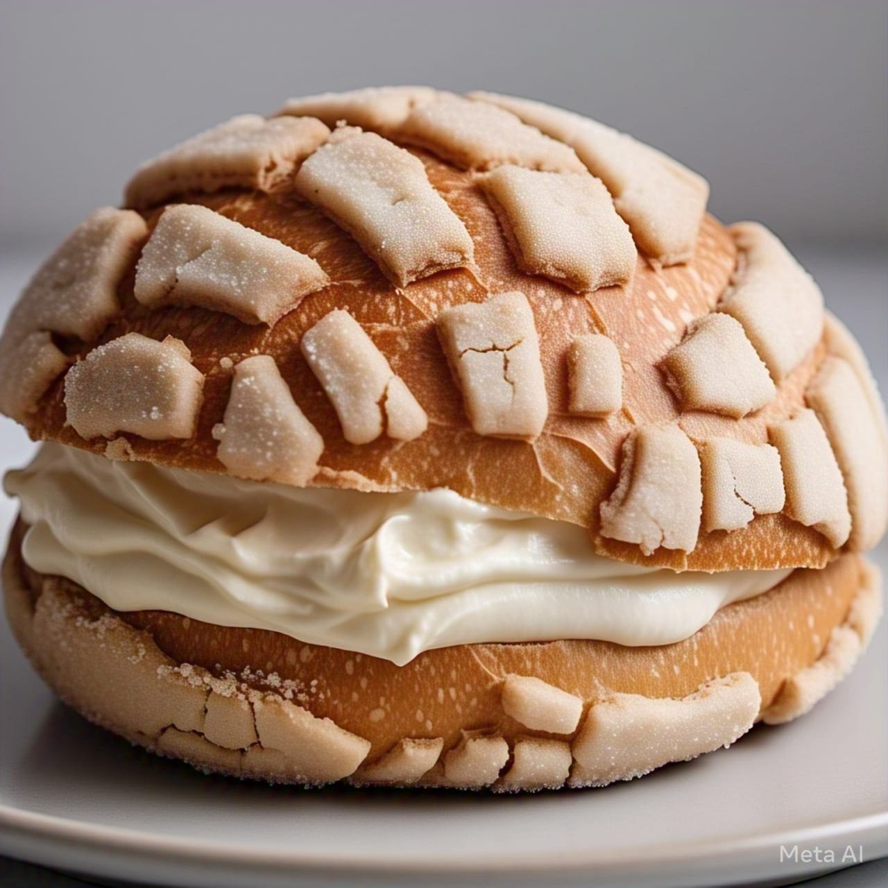 Concha blanca rellena de nata, pan dulce esponjoso y fresco, ideal para acompañar con café con leche o chocolate caliente. Sabor tradicional irresistible.