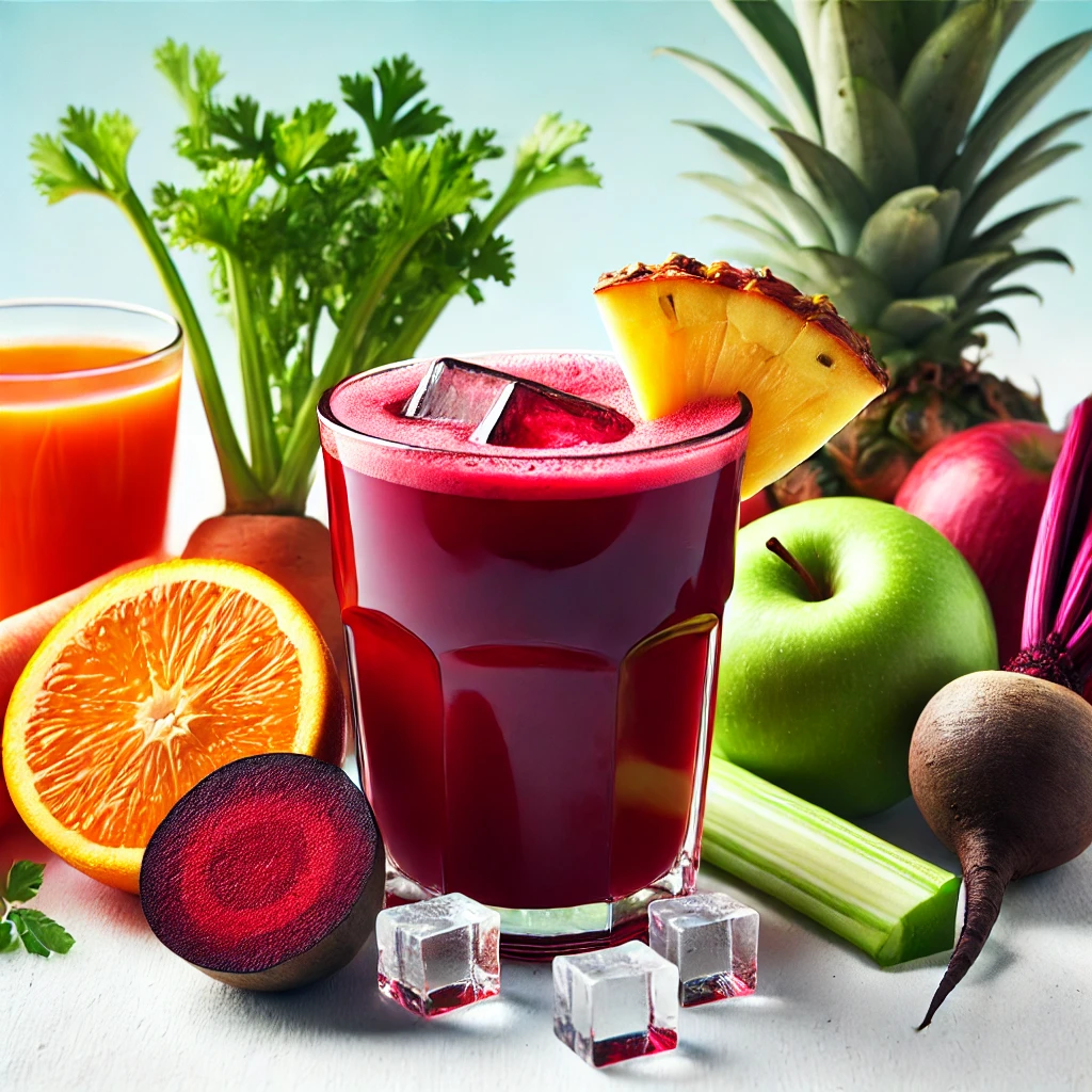 Jugo natural de betabel, piña y apio, lleno de antioxidantes, fibra y propiedades antiinflamatorias. Ideal para mejorar la digestión, fortalecer el sistema inmunológico y apoyar la salud renal de manera natural.