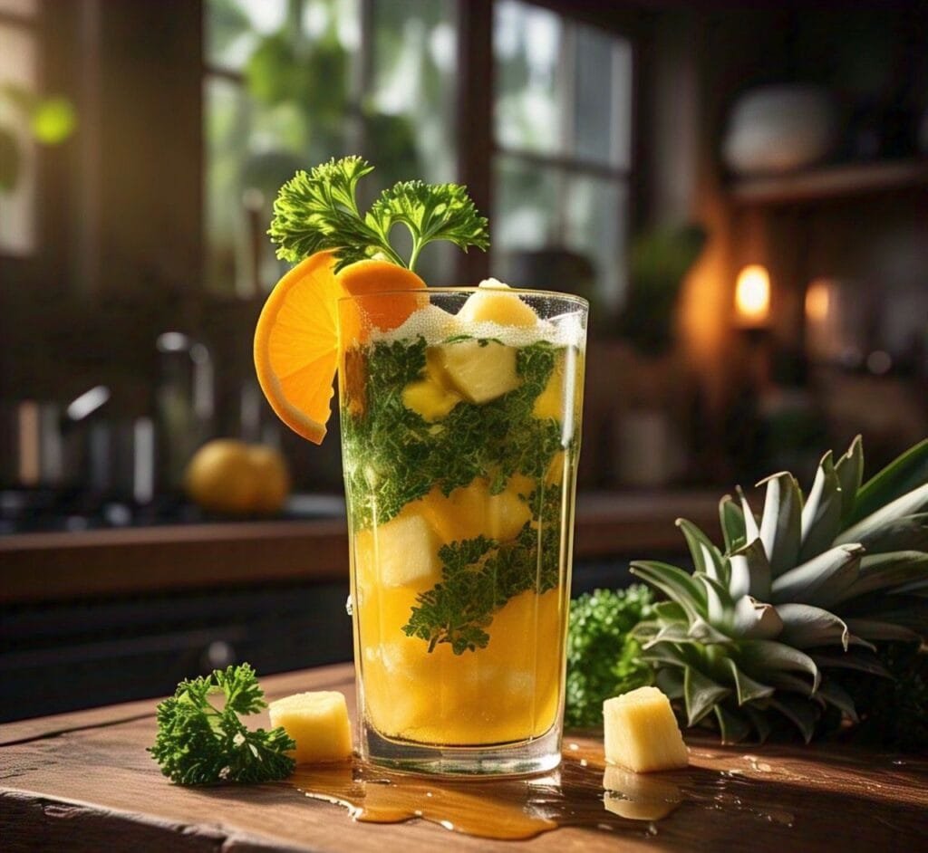 Jugo de naranja natural con piña y apio, preparado con ingredientes frescos y ricos en vitamina C, antioxidantes y propiedades antiinflamatorias. Bebida saludable para mejorar la digestión, apoyar la salud renal.