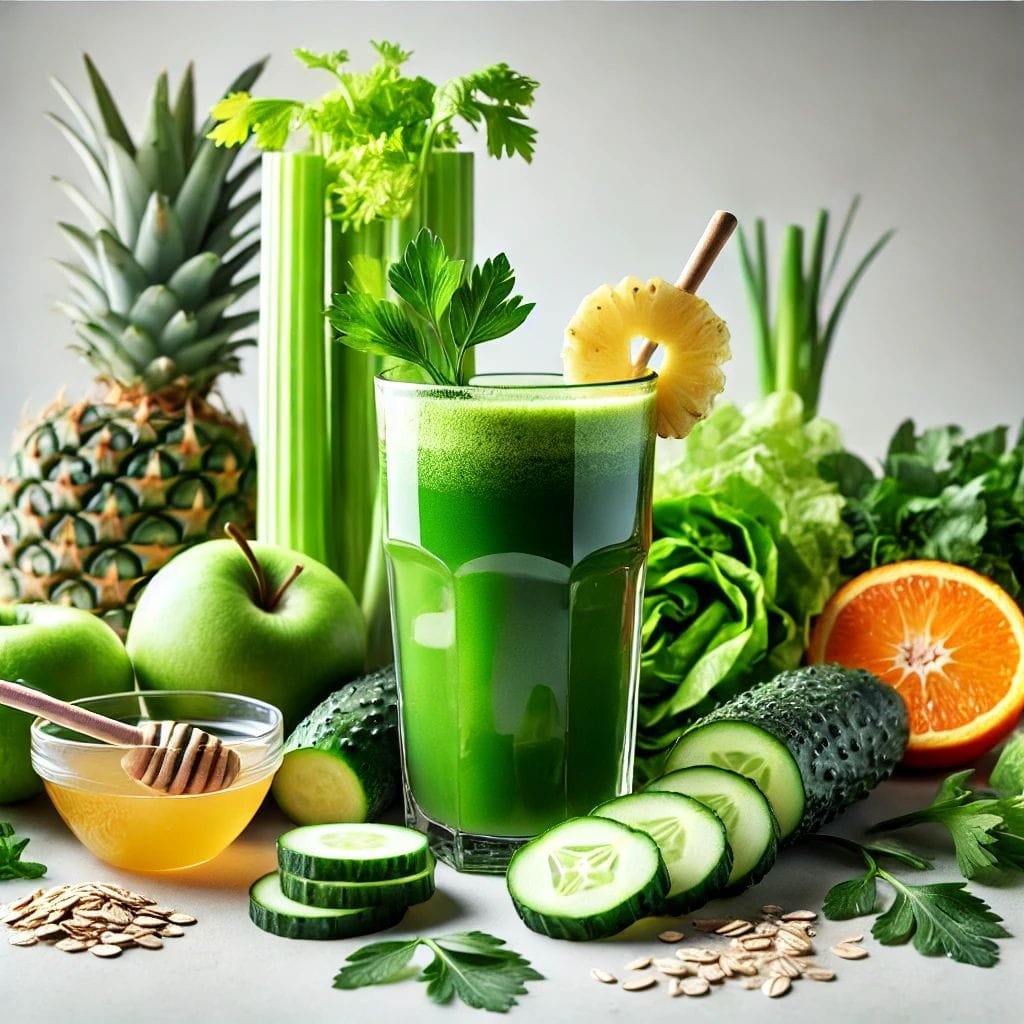 Jugo verde revitalizante, elaborado con espinaca, pepino y manzana, lleno de antioxidantes y fibra. Bebida natural ideal para detoxificar el cuerpo, mejorar la digestión y fortalecer el sistema inmunológico