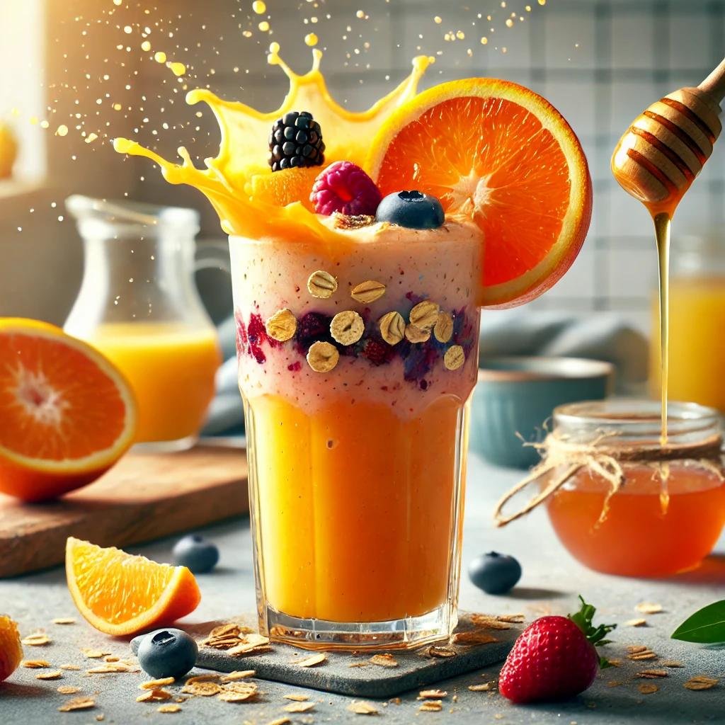 Jugo natural de naranja jugosa con leche y miel, rico en vitamina C y antioxidantes. Una bebida reconfortante que mejora la digestión y proporciona propiedades antiinflamatorias. Perfecto para hidratar y nutrir el cuerpo de manera natural.