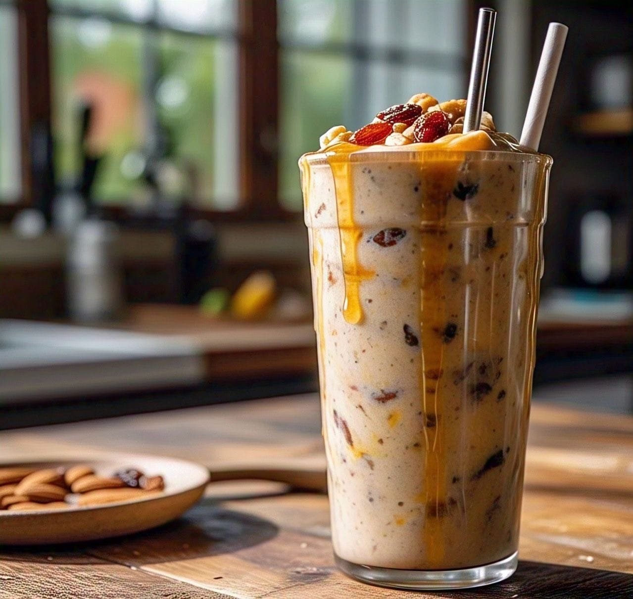 Licuado natural de miel, arándano y nuez, lleno de antioxidantes, vitaminas y nutrientes esenciales. Bebida deliciosa que ayuda a fortalecer el sistema inmunológico, mejorar la digestión y disfrutar de un sabor dulce y saludable