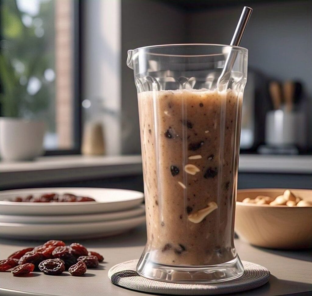 Batido casero cremoso con frutos secos, dulzor natural y otros ingredientes nutritivos.