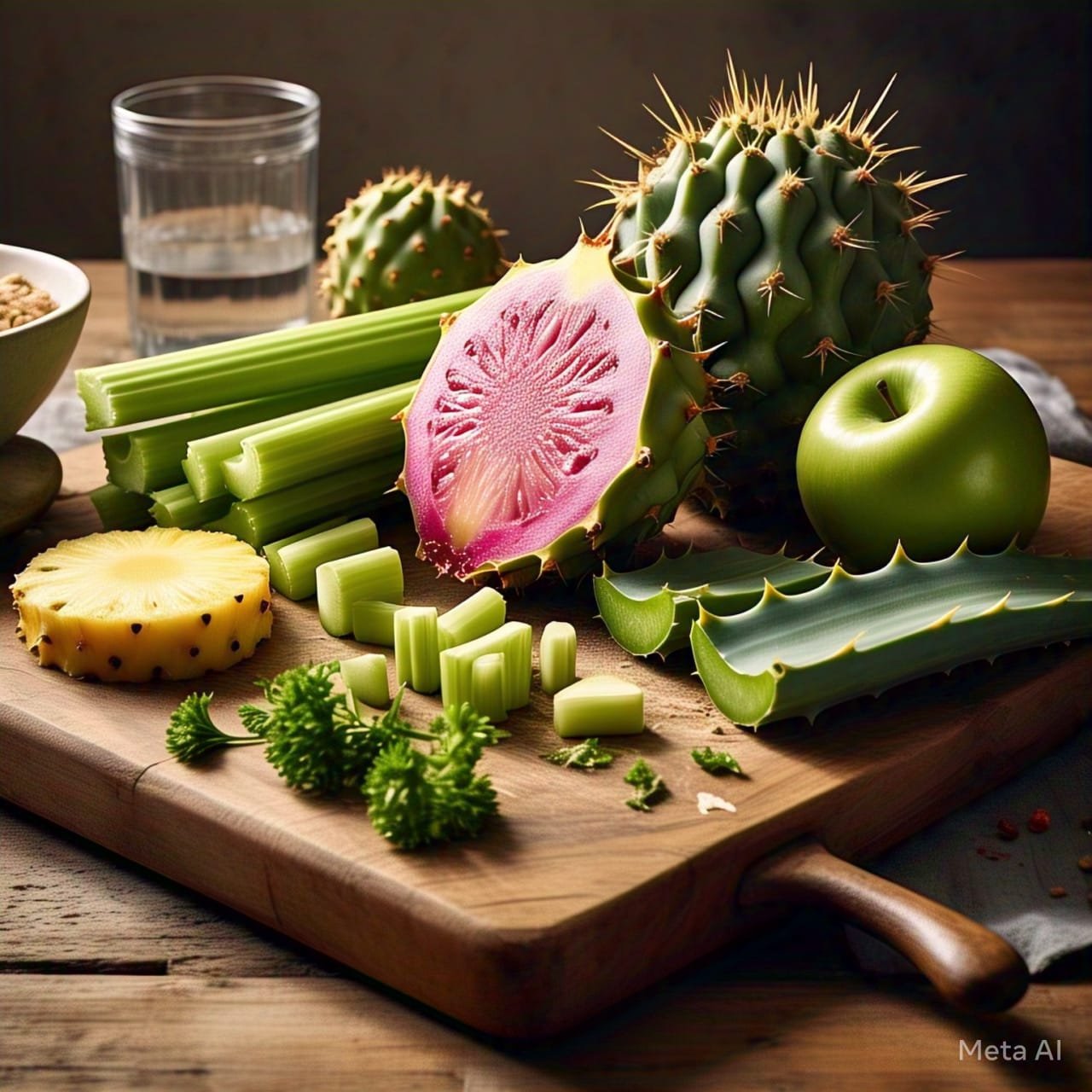 Combinación fresca de piña, apio y cactus, rica en antioxidantes y propiedades detoxificantes. Ingredientes naturales que ayudan a mejorar la digestión, fortalecer el sistema inmunológico y promover la hidratación y el bienestar general.