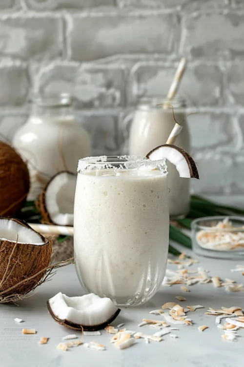 Rico y fresco licuado de coco, licuado tropical e hidratante, beneficioso para tu salud.