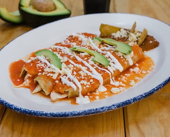 Enchiladas rojas rellenas de queso Oaxaca y pollo deshebrado, bañadas en salsa roja con chile guajillo, servidas con frijoles refritos y cebolla morada. Desayuno mexicano con ingredientes frescos y de calidad.