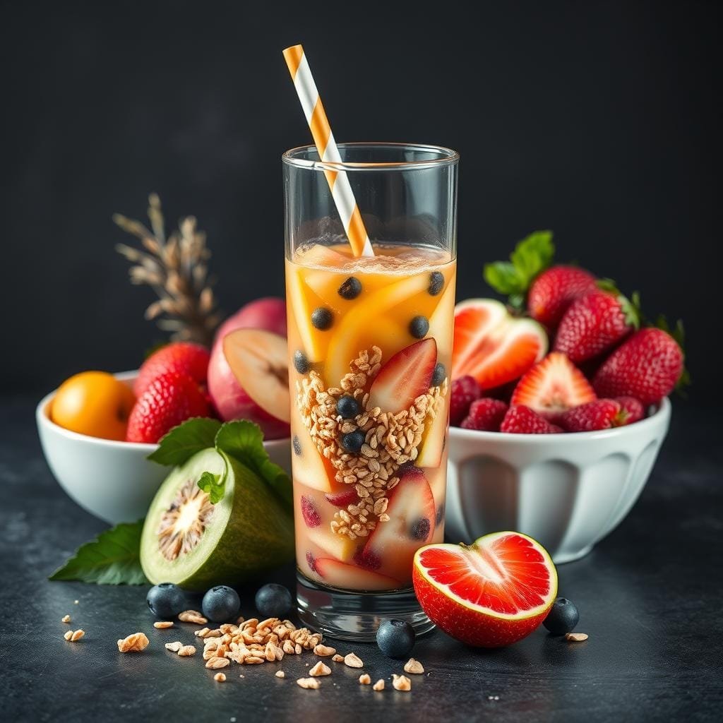 Jugo natural de naranja jugosa con frutos rojos, lleno de vitamina C, antioxidantes y propiedades antiinflamatorias. Una combinación refrescante que fortalece el sistema inmunológico, mejora la circulación y proporciona nutrientes esenciales para la salud general.
