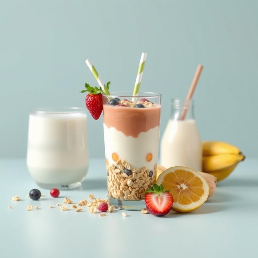 Licuado de avena con leche y frutos rojos, rico en fibra, antioxidantes y nutrientes esenciales. Una bebida nutritiva que apoya la digestión y mejora la salud cardiovascular, proporcionando energía y bienestar natural.