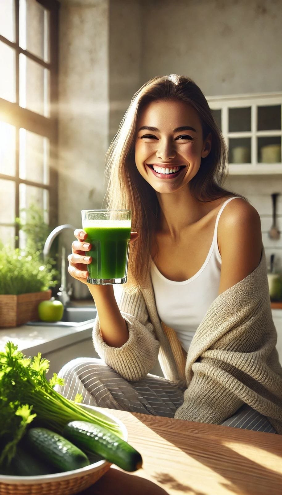 Persona feliz con jugo verde con espinaca, apio, pepino, Persona feliz con jugo verde con espinaca, apio, pepino y manzana, jugo rico, fresco y natural para una rutina detox por las mañanas. y manzana, jugo rico, fresco y natural para una rutina detox por las mañanas.