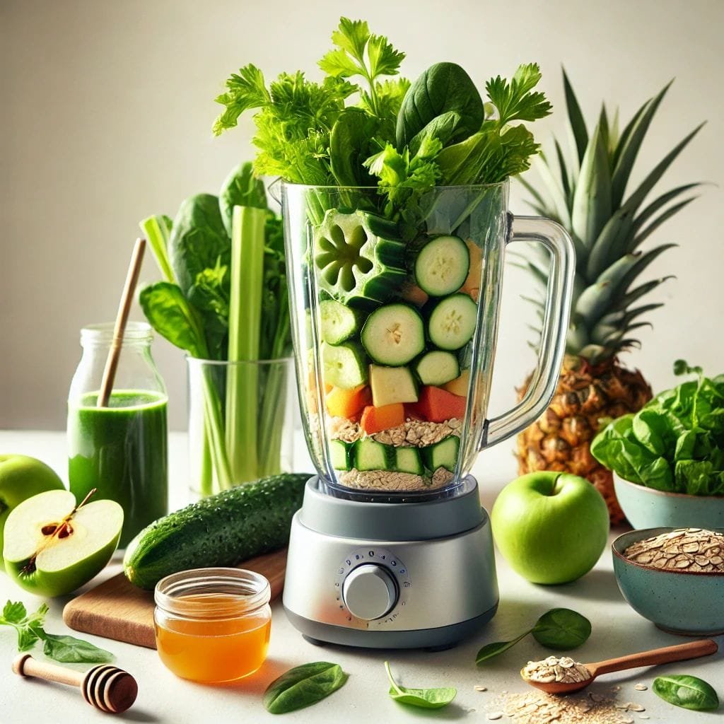 Licuado saludable con apio, manzana, avena, miel y espinaca, lleno de fibra, antioxidantes y nutrientes esenciales. Bebida natural ideal para mejorar la digestión, equilibrar el colesterol y fortalecer el sistema.